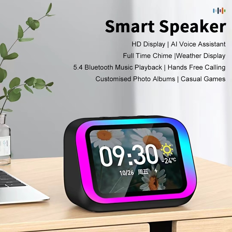 Smart Accessories - KI-Sprachassistent Bluetooth-Lautsprecher mit RGB-Farbbeleuchtung, Wecker, LED-Bildschirm,