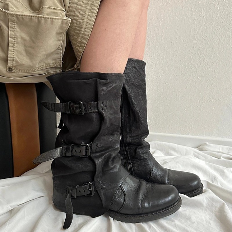Leather Classic Strap - Klassische Damenschuhe Retro Luxus Echtleder Ritterstiefel